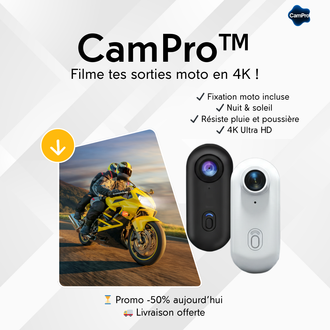 CamPro Mini 4K caméra action 4K fixée sur moto en mouvement