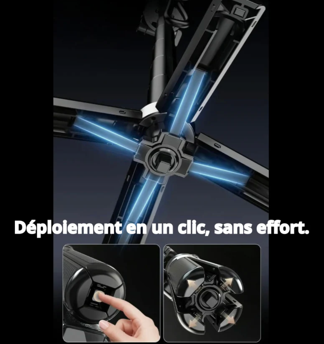 Mécanisme de déploiement automatique du trépied CamPro avec éclairages bleus