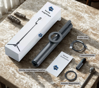 Contenu de la boîte de la perche magnétique CamPro : trépied, anneau magnétique, câble USB, télécommande et manuel