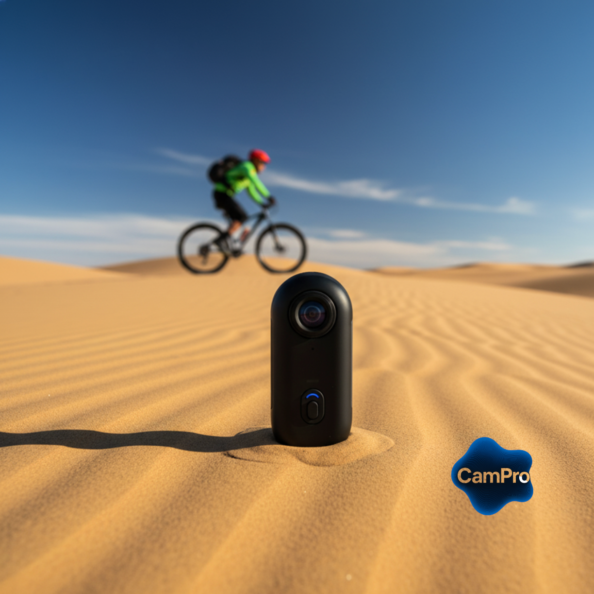 Caméra CamPro™ noire posée sur le sable dans un désert avec un cycliste en arrière-plan.