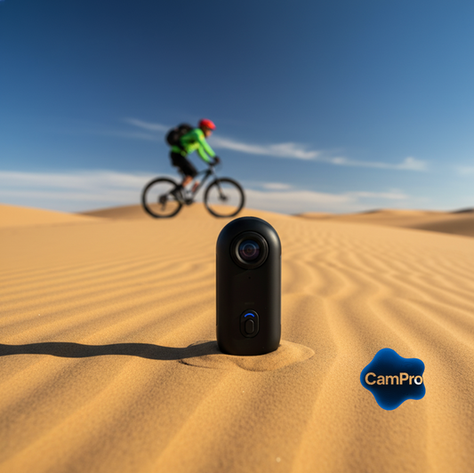 Caméra CamPro™ noire posée sur le sable dans un désert avec un cycliste en arrière-plan.