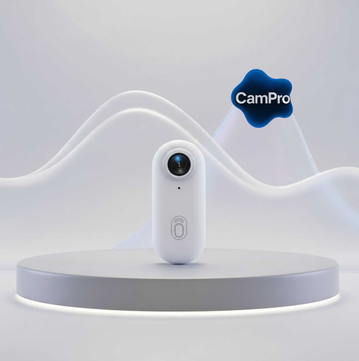 Caméra CamPro™ blanche exposée sur un socle gris avec un arrière-plan fluide lumineux.