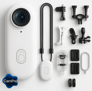 Ensemble des accessoires CamPro : caméra, supports, fixations, coque étanche et outils de montage