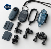Ensemble des accessoires CamPro : caméra, supports, fixations, coque étanche et outils de montage