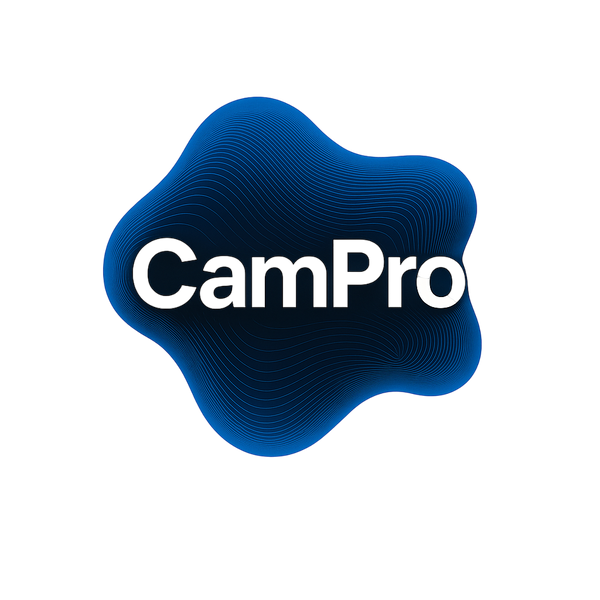 Logo officiel CamPro™ – identité visuelle moderne en forme fluide bleu.